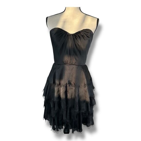 REBECCA TAYLOR Sateen Strapless Eyelash Tier Bustier Cocktail Mini Dress Black 6 - Picture 2 of 15
